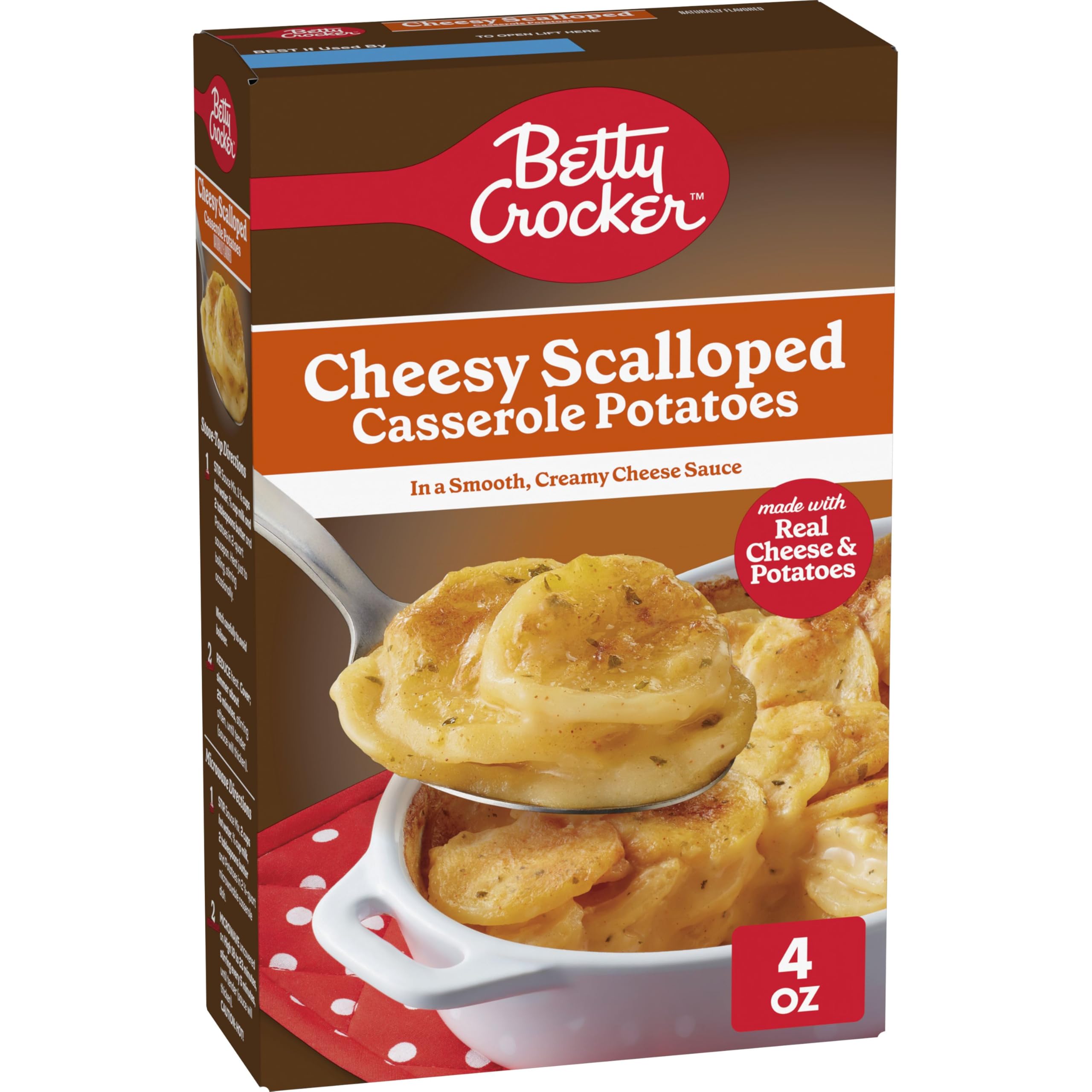 Betty Crocker Cheesy Scalloped Potatoes box front, quick weeknight side.