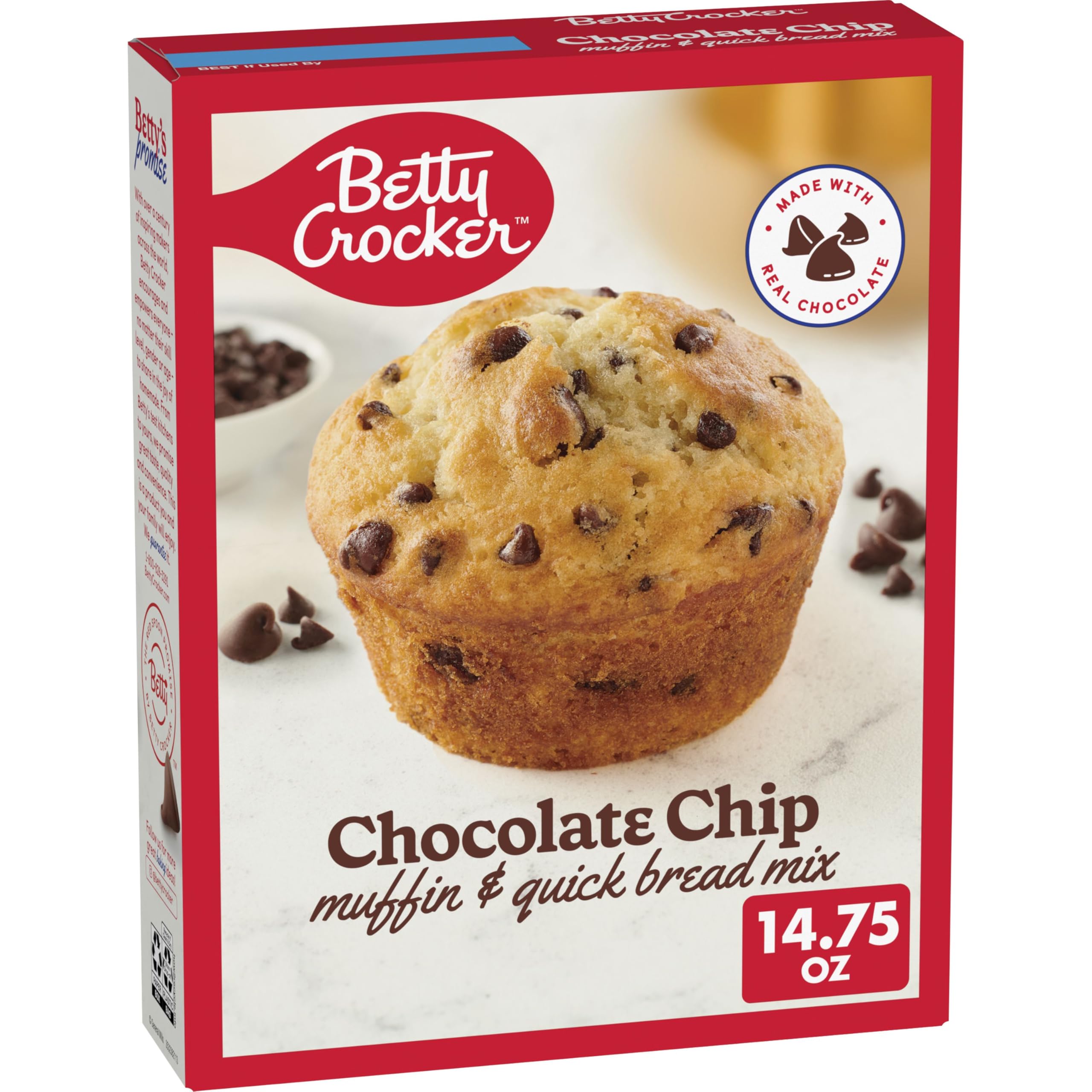 Betty Crocker chocolate chip muffin mix box ready for quick, delicious baking.