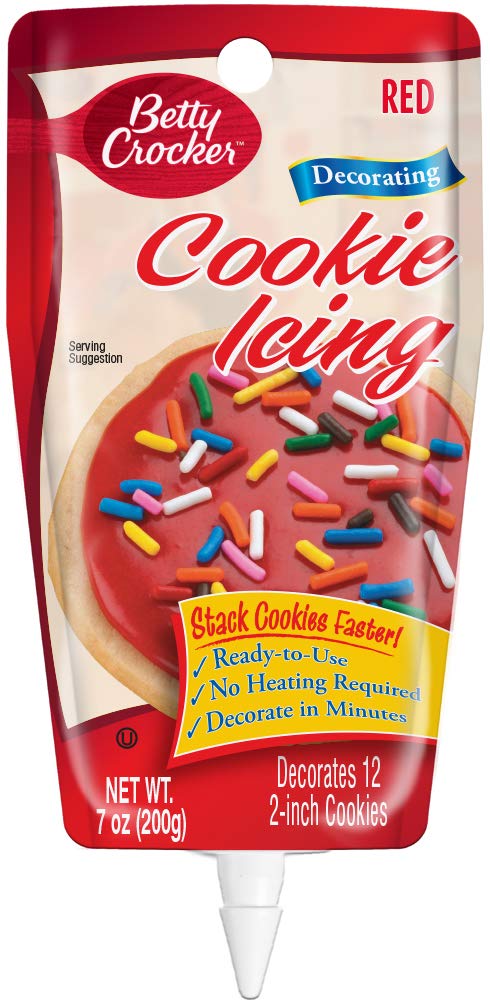 Betty Crocker cookie icing red 7oz packaging shown for easy storage and quick decor prep
