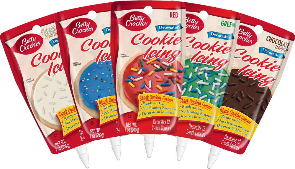 Betty Crocker cookie icing red 7oz swirl on cookie demonstrates easy patterning