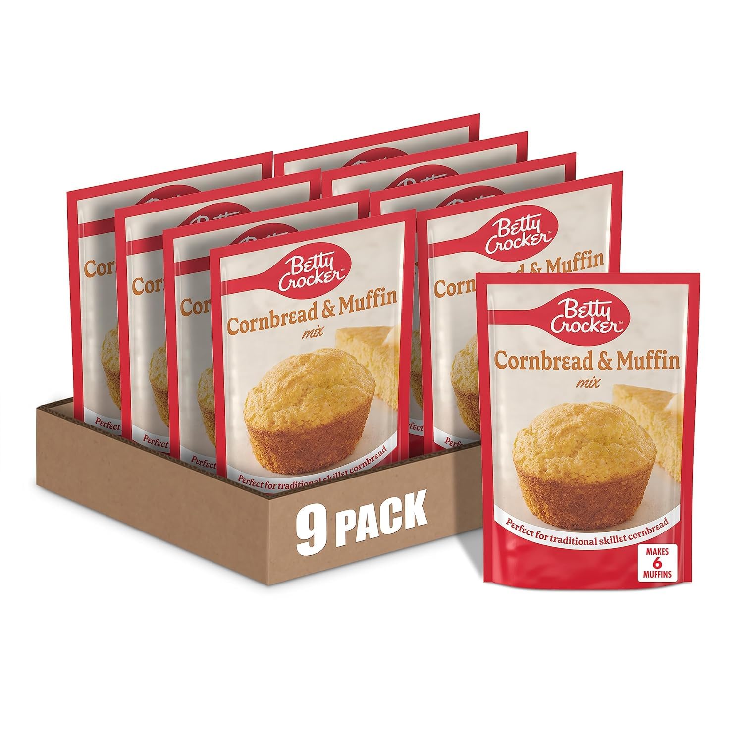 Betty Crocker Cornbread Muffin Mix box front with nine convenient pouches for quick baking