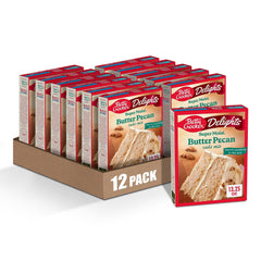 Betty Crocker Delights Butter Pecan Cake Mix box shown for easy dessert prep, ideal for family gatherings.