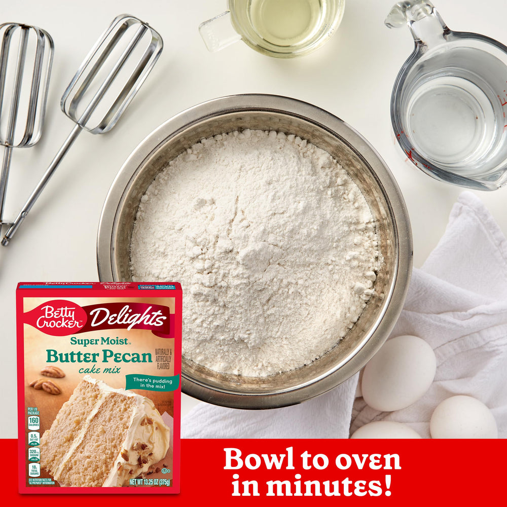 Cupcake-ready Betty Crocker Delights Butter Pecan Cake Mix in liners.