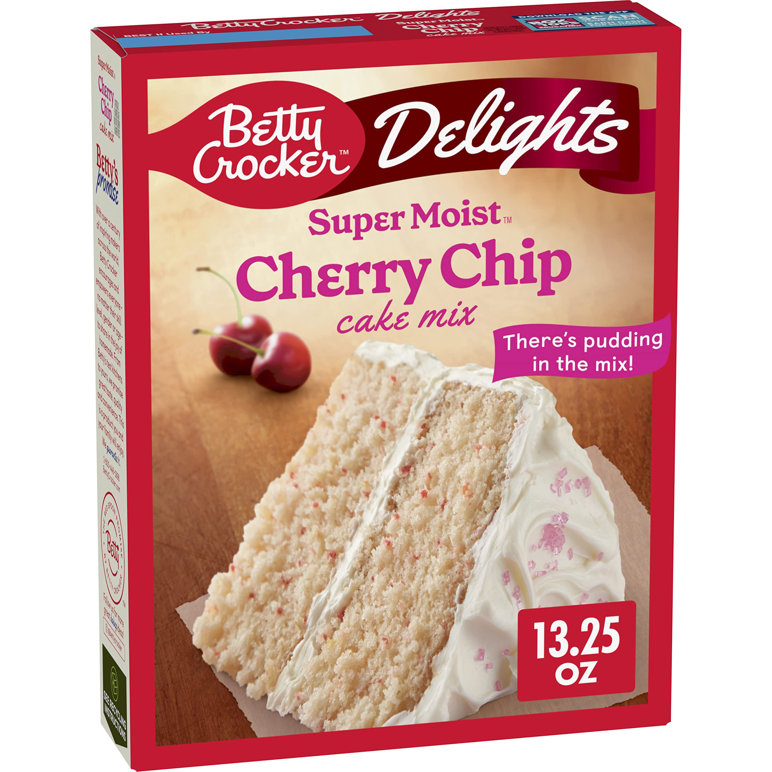 Betty Crocker Delights Cherry Chip Cake Mix in a bowl for quick, moist cake.