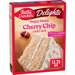 Betty Crocker Delights Cherry Chip Cake Mix in a bowl for quick, moist cake.