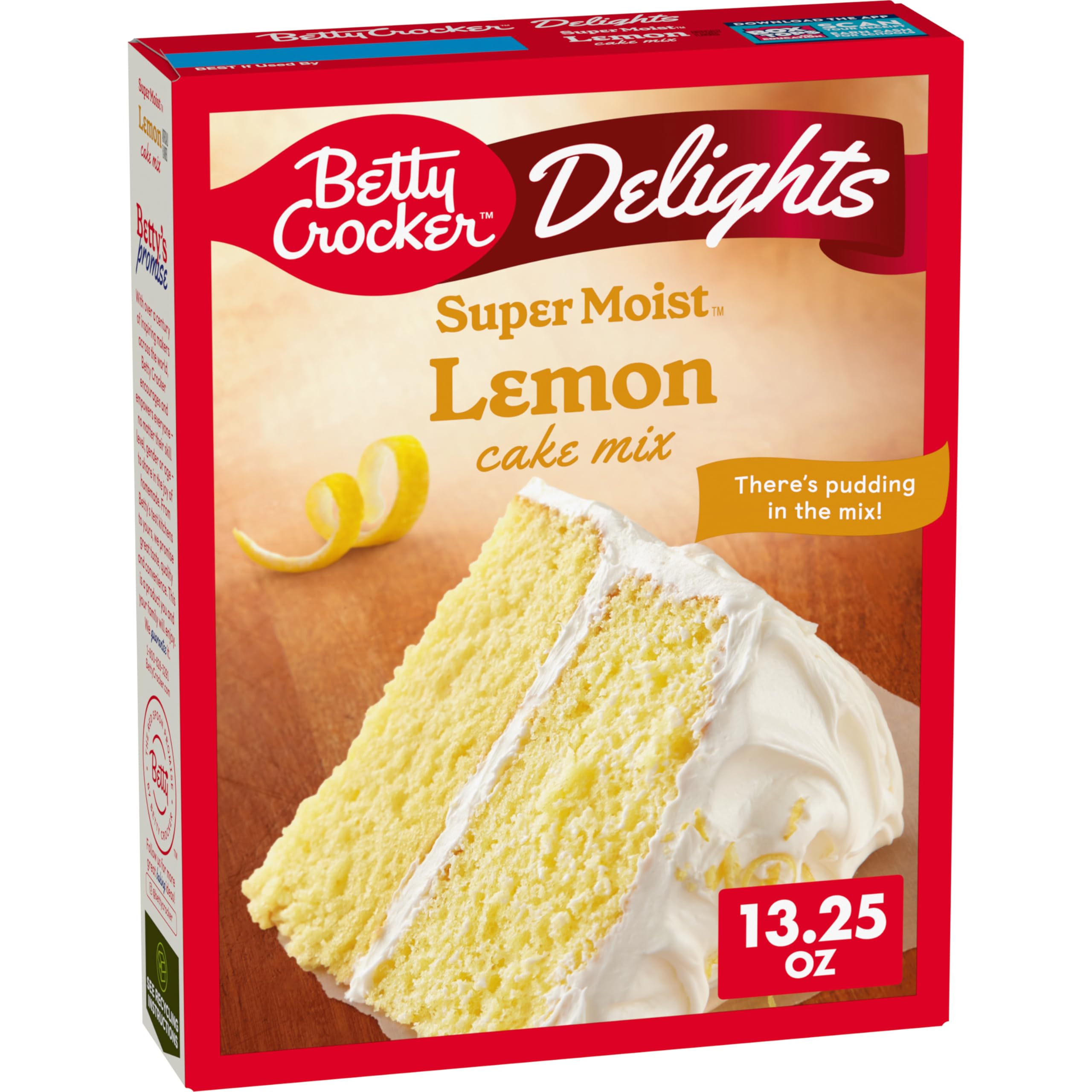 Betty Crocker Delights lemon cake mix box on a kitchen counter for quick dessert prep
