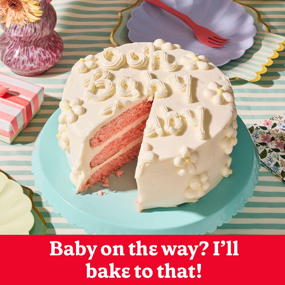 Betty Crocker Delights strawberry batter in a bowl ready to mix for a moist cake.