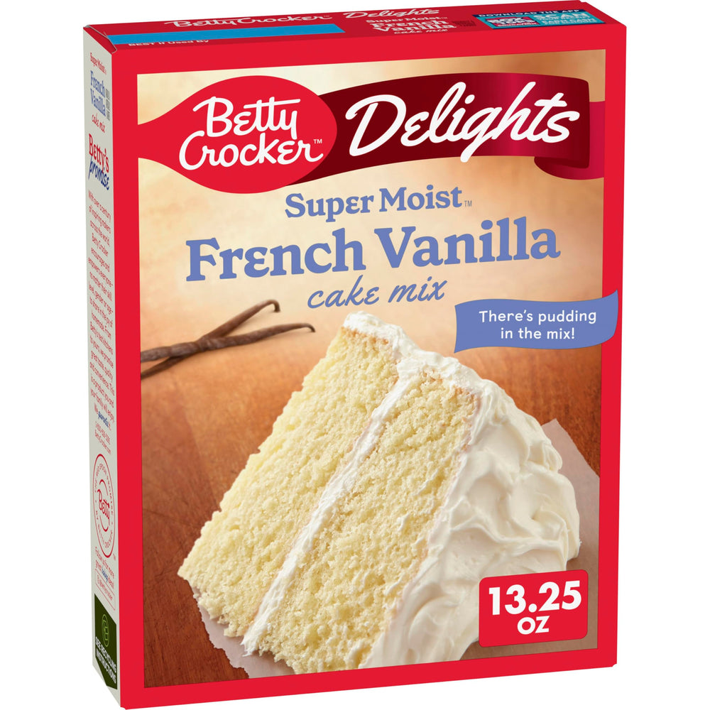 Betty Crocker Delights French Vanilla cake mix box, a convenient baking base.