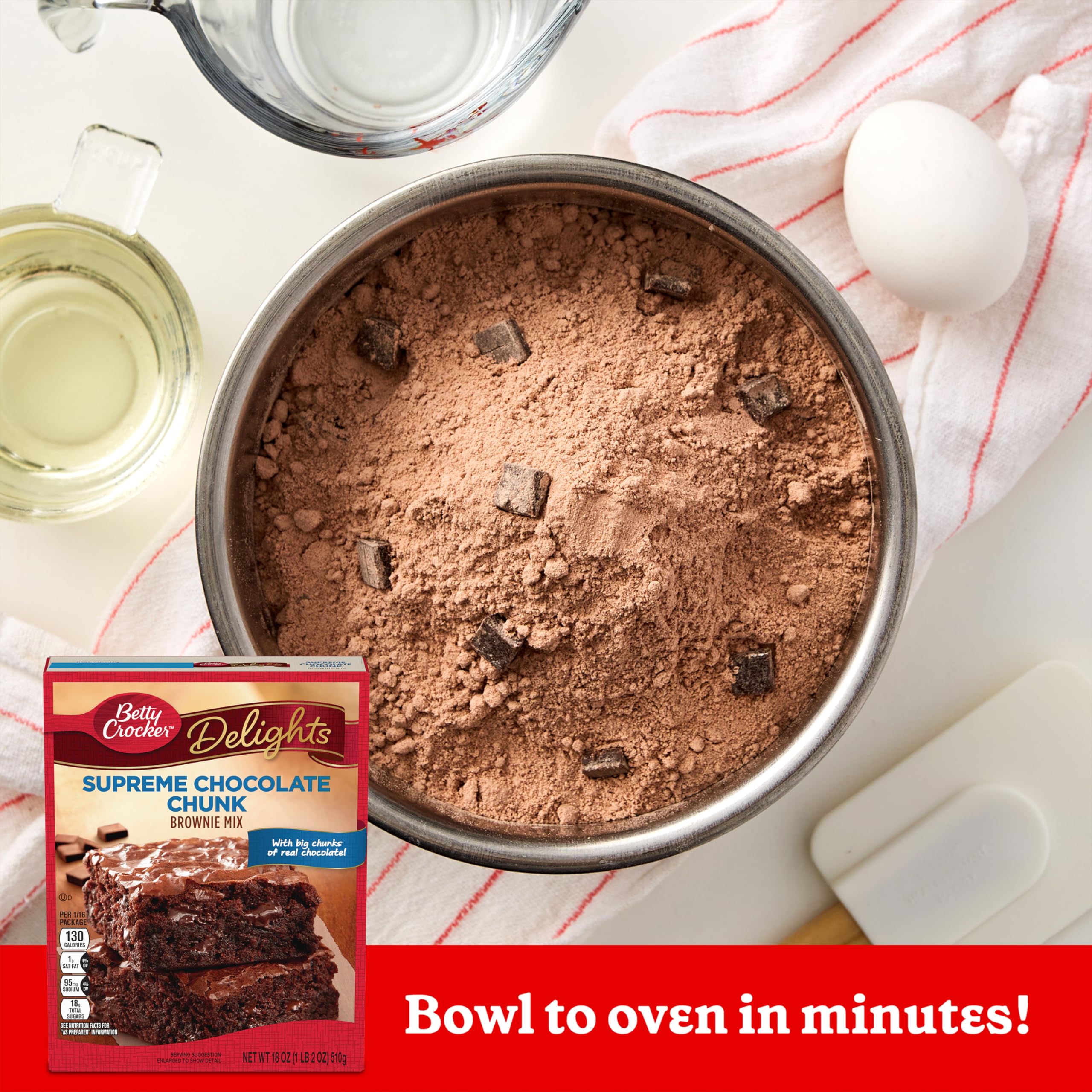 Betty Crocker Delights Supreme Chocolate Chunk Brownie Mix eggs, oil, and water added for prep