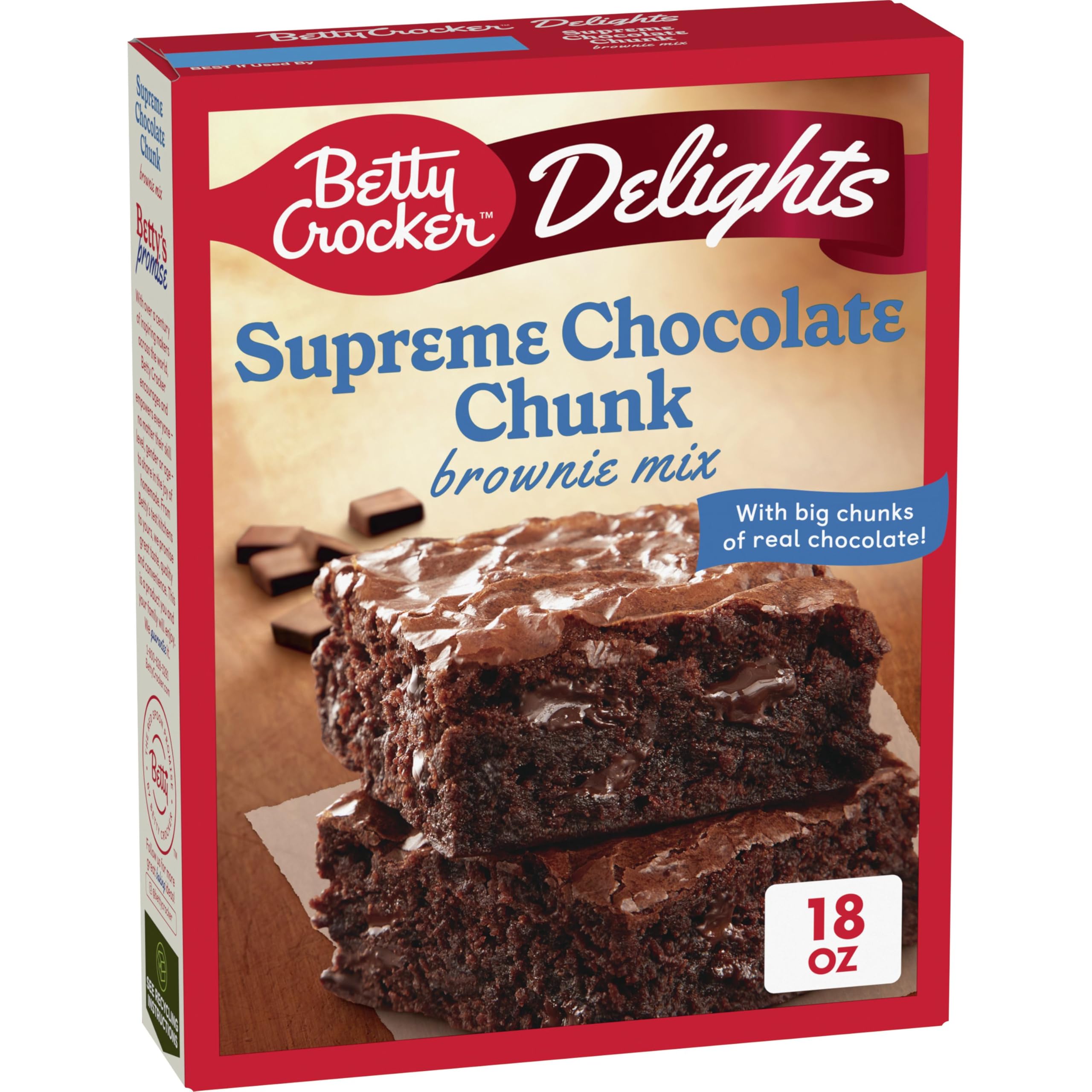 Betty Crocker Delights Supreme Chocolate Chunk Brownie Mix packaging ready for quick baking