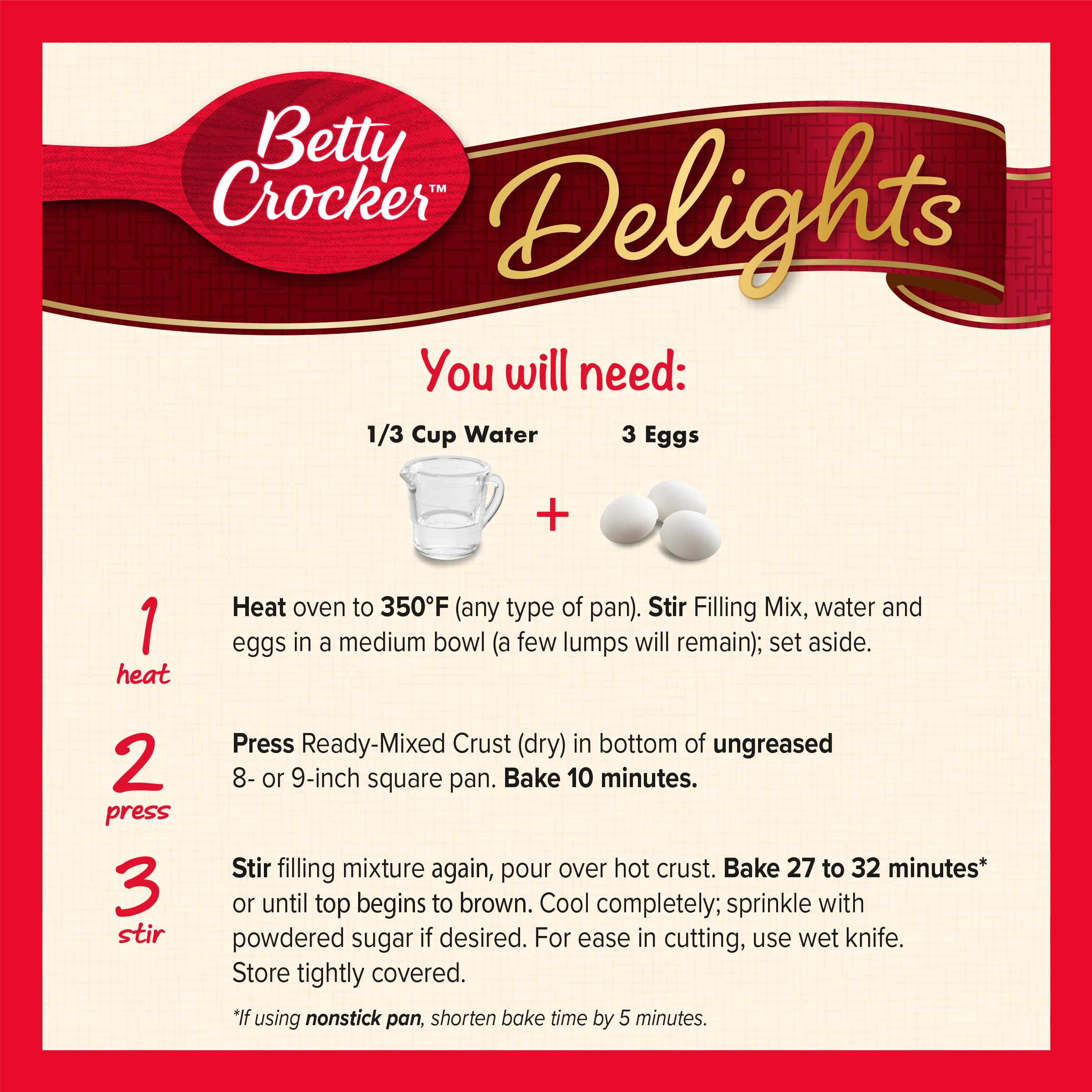 Betty Crocker Delights Supreme Lemon Bars powdered-sugar-finish adds a light sweet touch.