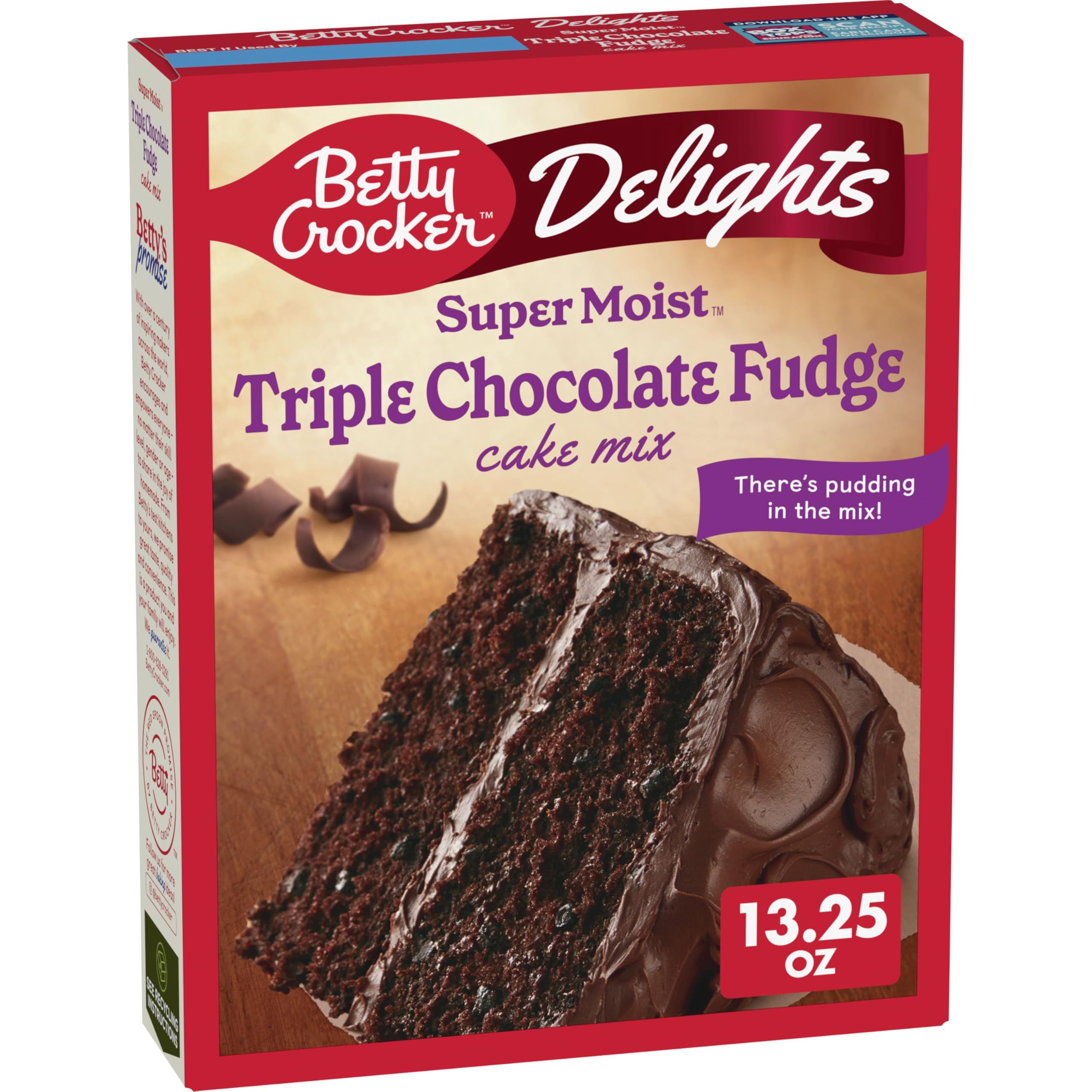 Betty Crocker Delights cake mix box ready for baking, chocolate indulgence