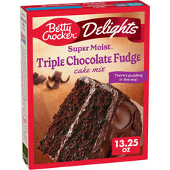 Betty Crocker Delights cake mix box ready for baking, chocolate indulgence