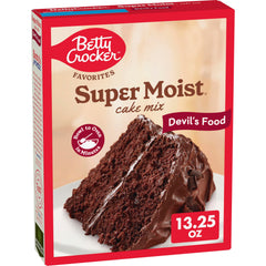 Betty Crocker Devils Food Cake Mix box on the counter for a quick dessert option.