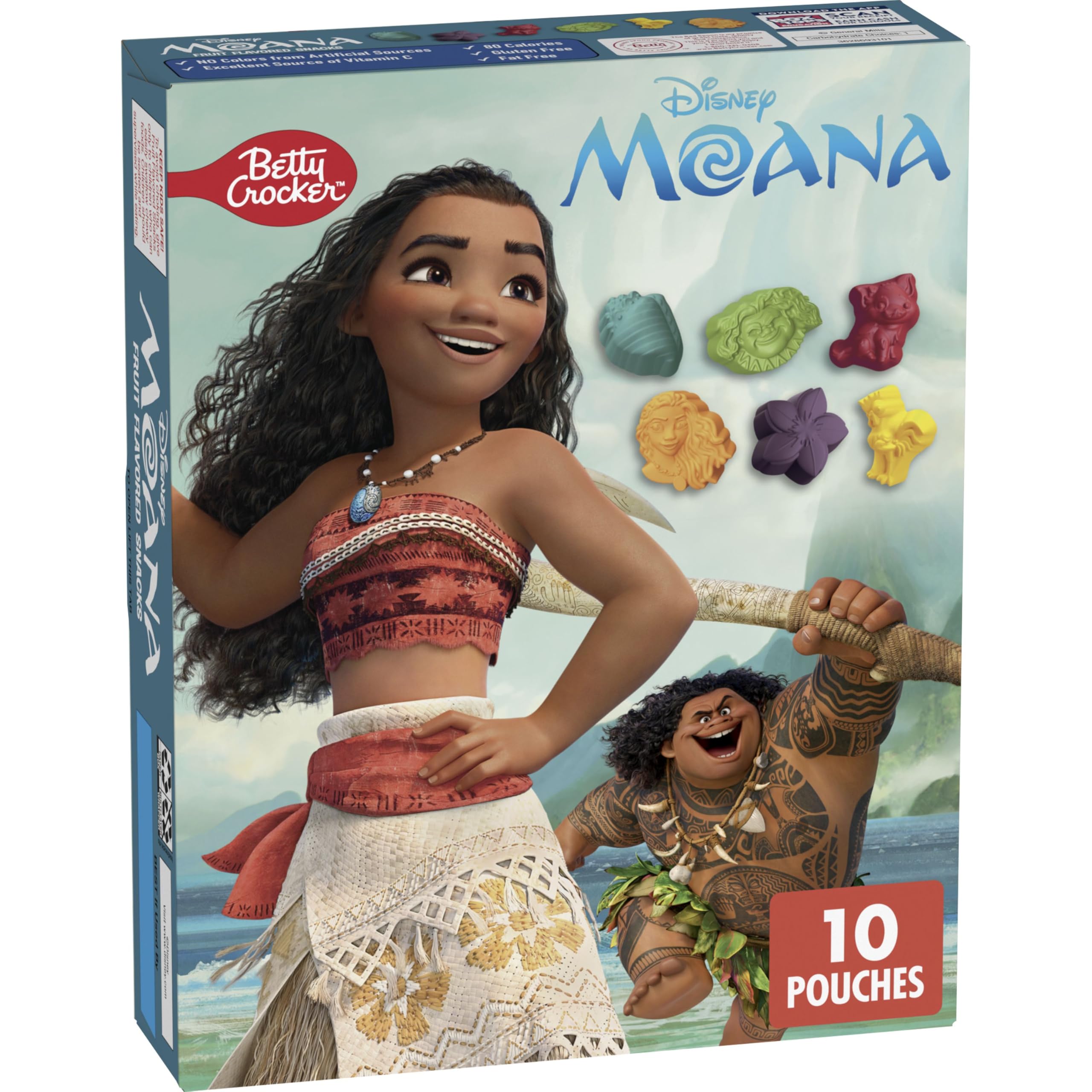 Betty Crocker Disney Moana snacks box featuring gluten free, vitamin C rich gummies.