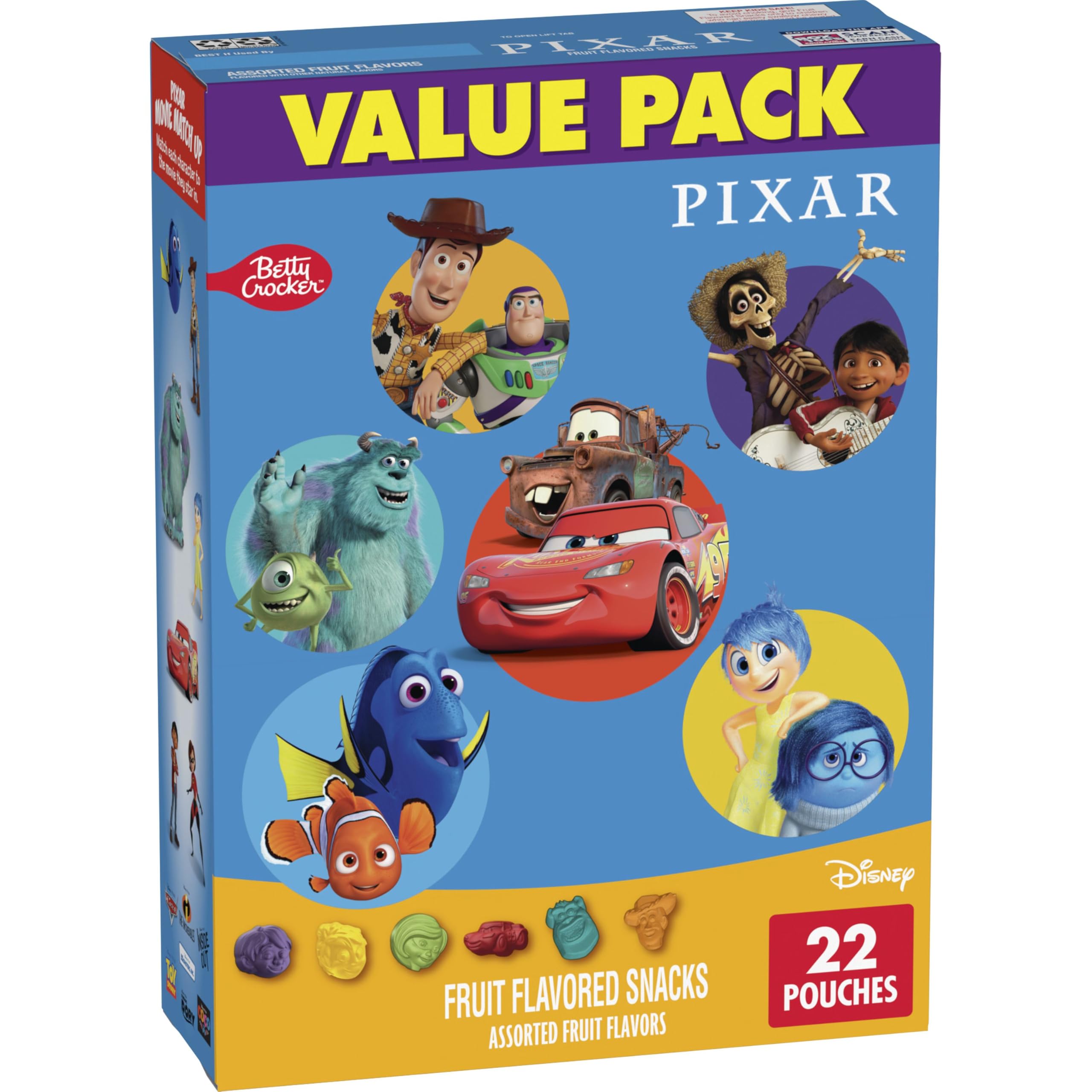 Betty Crocker Disney Pixar Fruit Flavored Snacks bag with character shapes, gluten-free and vitamin C rich.