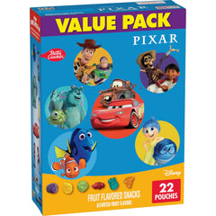 Betty Crocker Disney Pixar Fruit Flavored Snacks bag with character shapes, gluten-free and vitamin C rich.