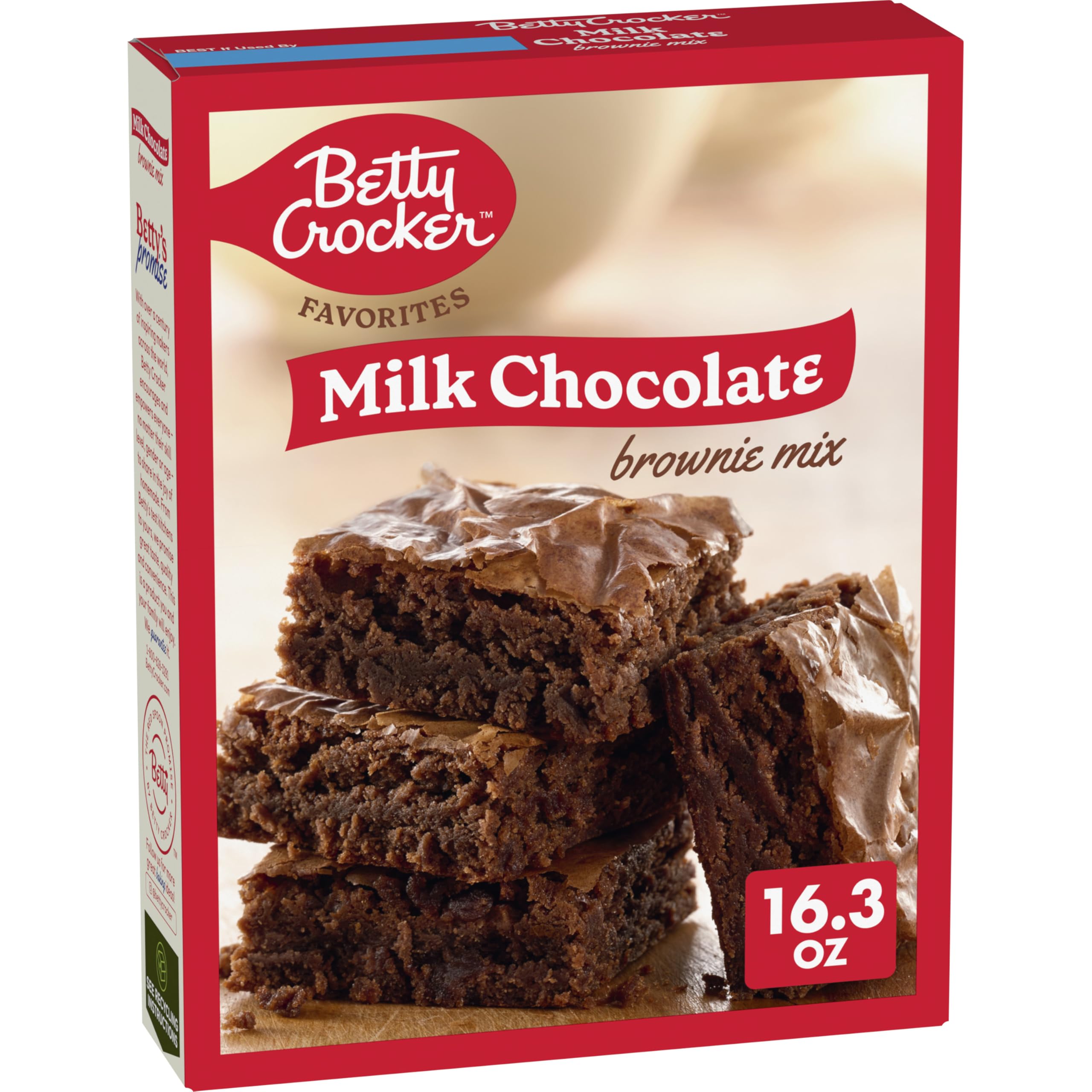 Betty Crocker Milk Chocolate Brownie Mix box on counter for quick dessert prep