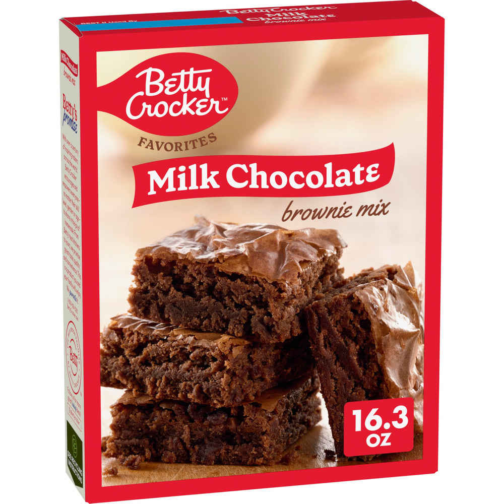 Betty Crocker Milk Chocolate Brownie Mix box on counter for quick dessert prep