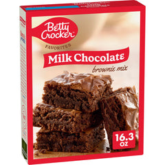 Betty Crocker Milk Chocolate Brownie Mix box on counter for quick dessert prep