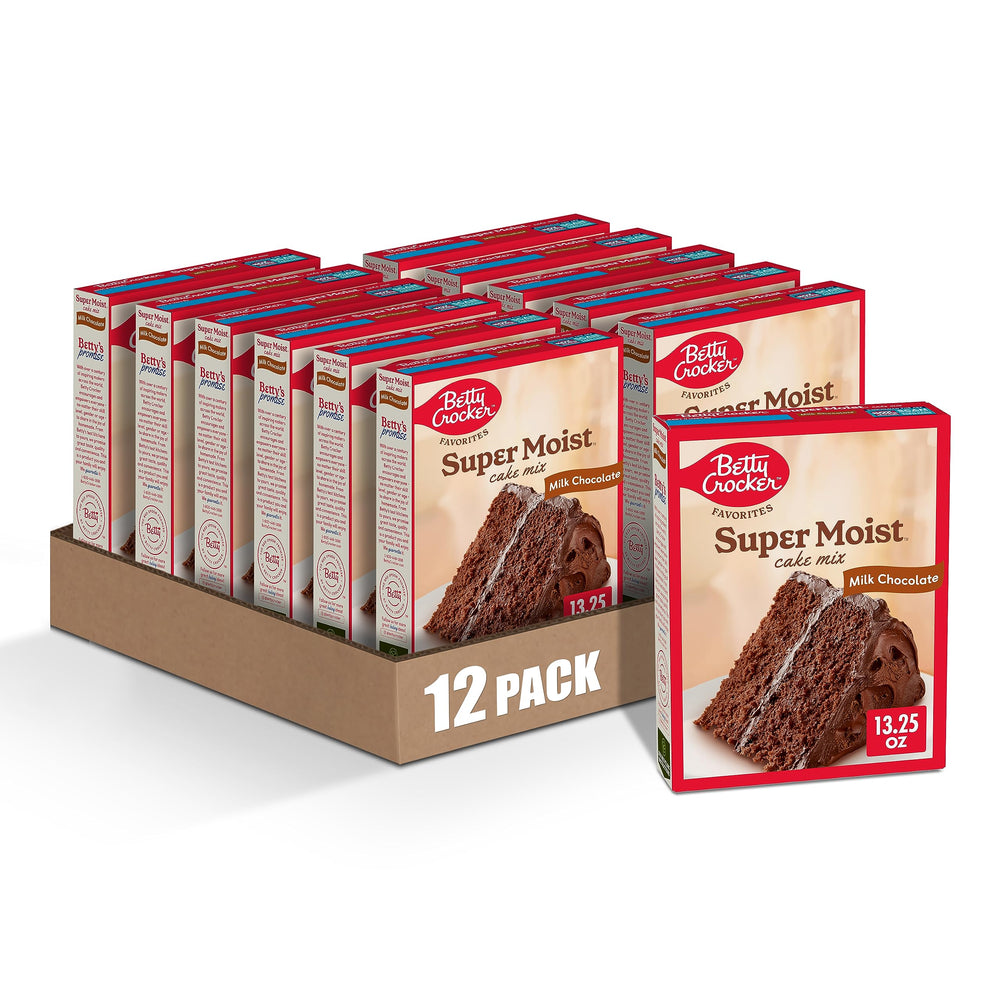 Betty Crocker Favorites Super Moist Milk Chocolate Cake Mix 12-pack on shelf for easy entertaining