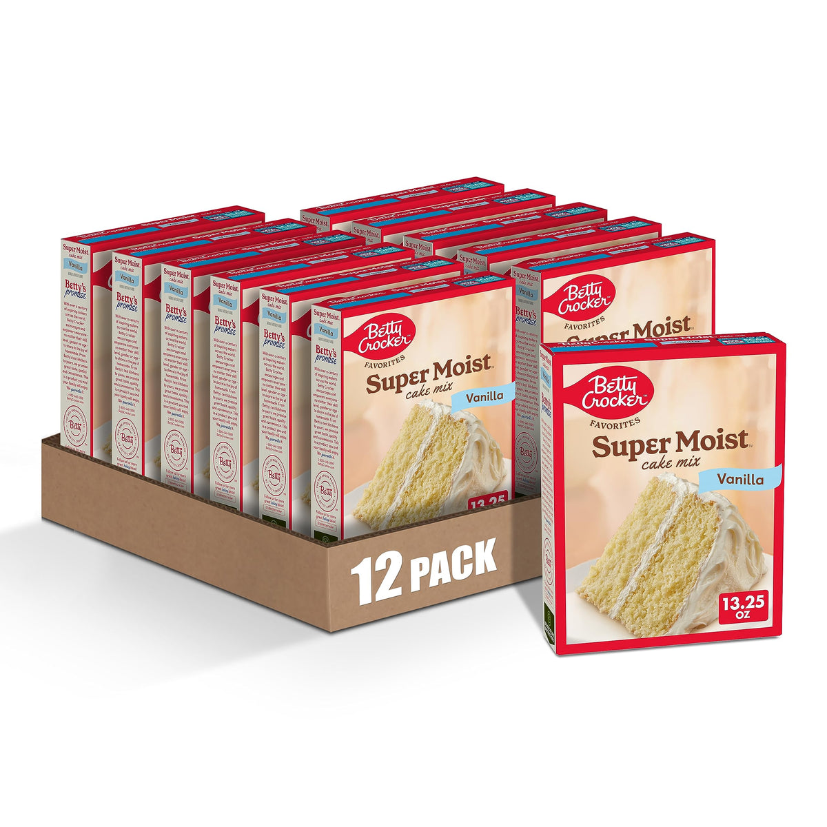 Betty Crocker Favorites Super Moist Vanilla Cake Mix box ready for easy vanilla baking.