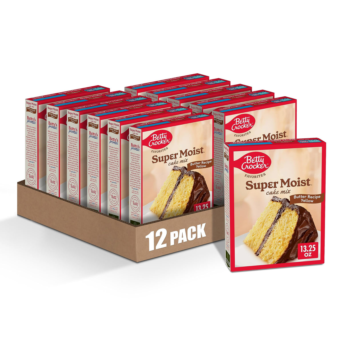 Betty Crocker Favorites Super Moist Yellow Cake Mix box front, ideal for quick birthday desserts.