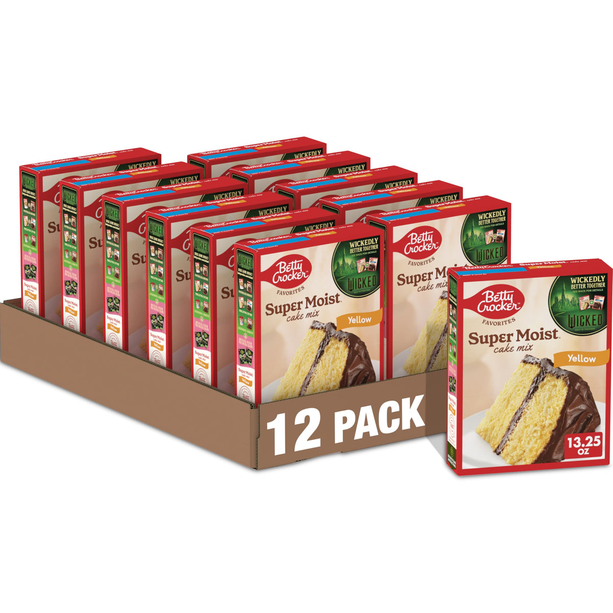 Betty Crocker Favorites Super Moist Yellow Cake Mix box on shelf for quick desserts.