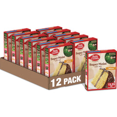 Betty Crocker Favorites Super Moist Yellow Cake Mix box on shelf for quick desserts.