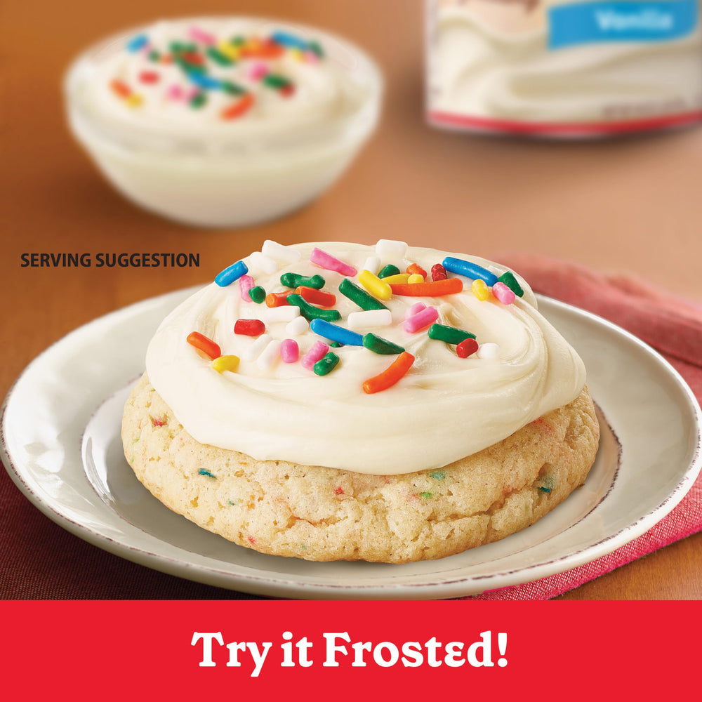 Finished cookies with frosting and rainbow sprinkles on a plate