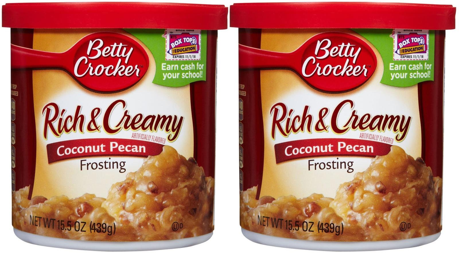 Betty Crocker coconut pecan frosting jars in a two-pack ready to decorate