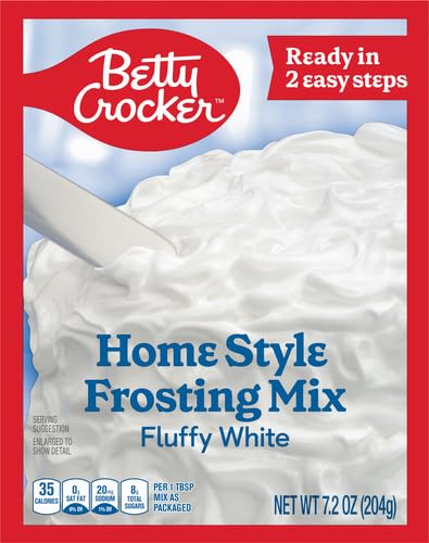Betty Crocker White Frosting tub closeup highlights fluffy texture.