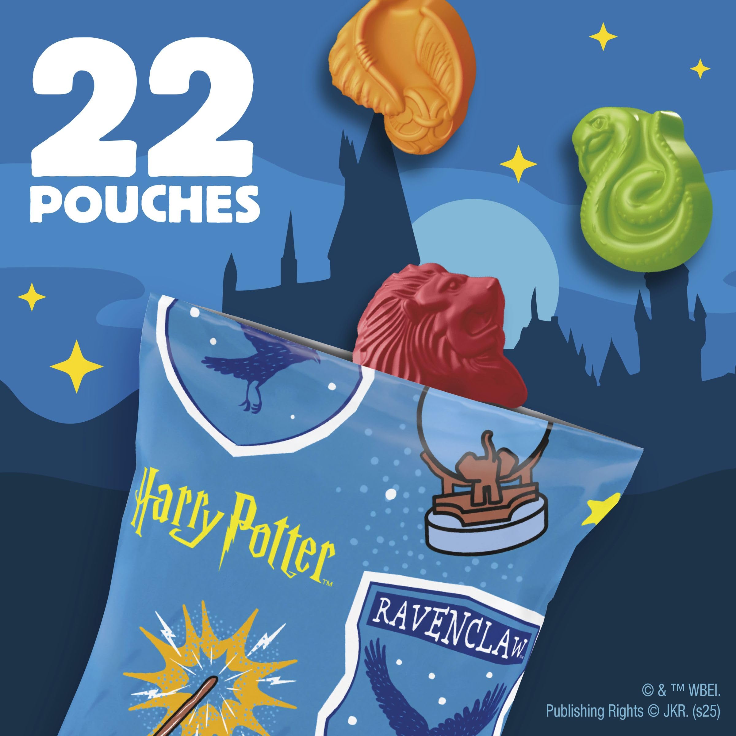 Harry Potter Fruit Snacks gummies shaped like Hogwarts symbols for magical snacking.