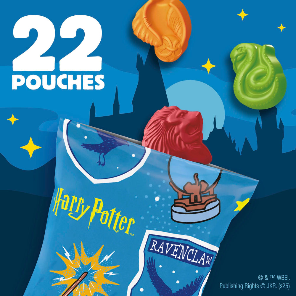 Harry Potter Fruit Snacks gummies shaped like Hogwarts symbols for magical snacking.