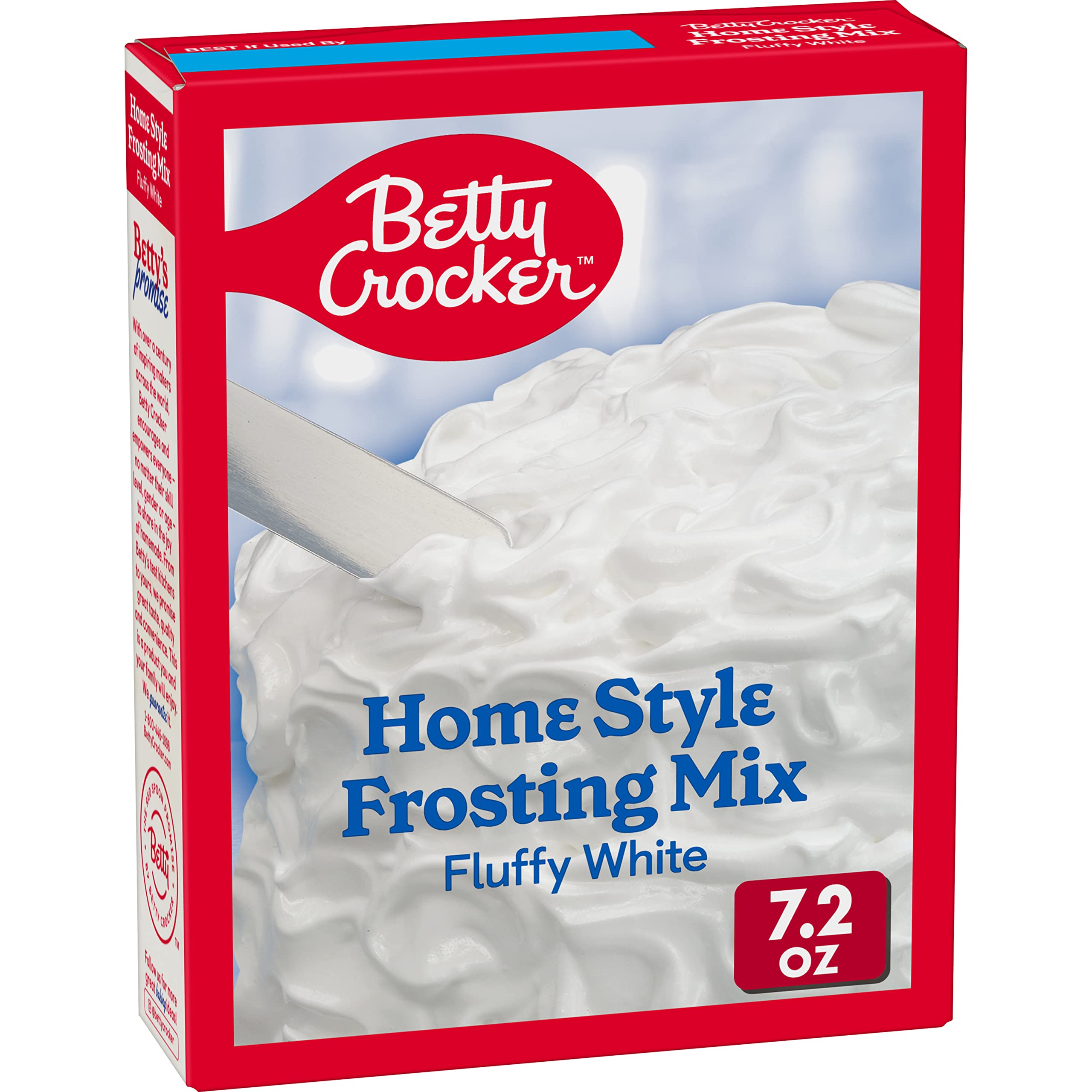 Betty Crocker HomeStyle Fluffy White Frosting Mix bottle pour shows creamy, ready-to-use frosting.