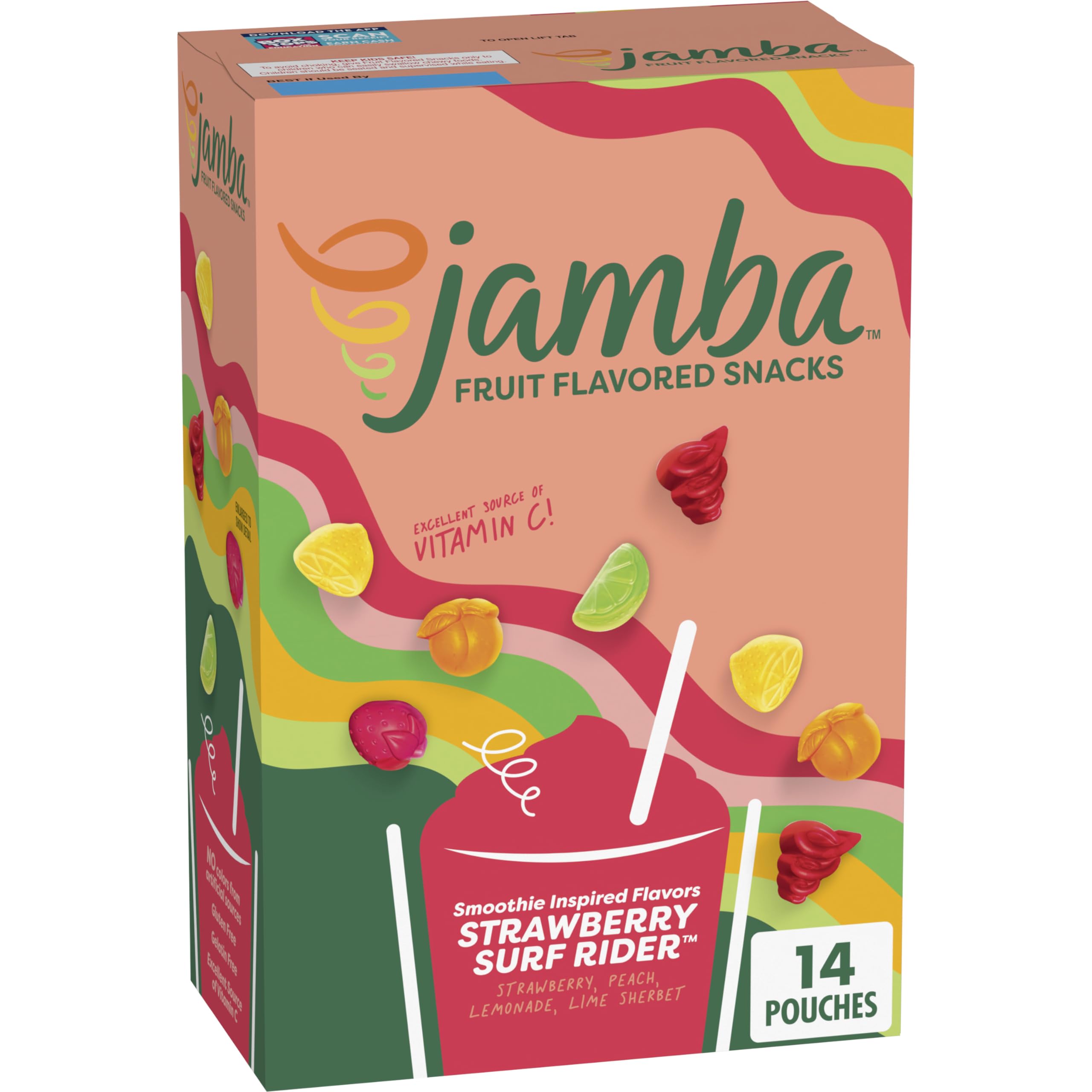 Betty Crocker Jamba Strawberry Surf Rider box front showing gluten free, vitamin C rich snacks.