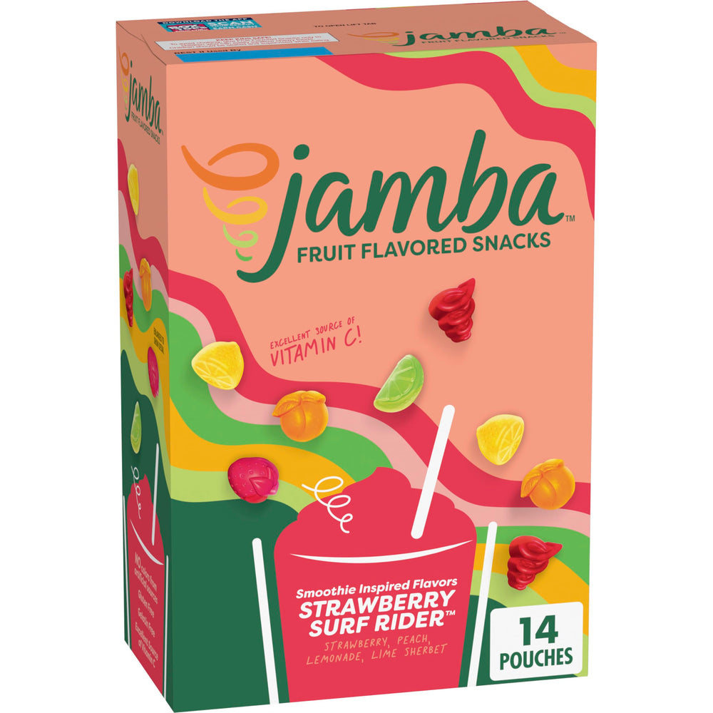 Betty Crocker Jamba Strawberry Surf Rider box front showing gluten free, vitamin C rich snacks.