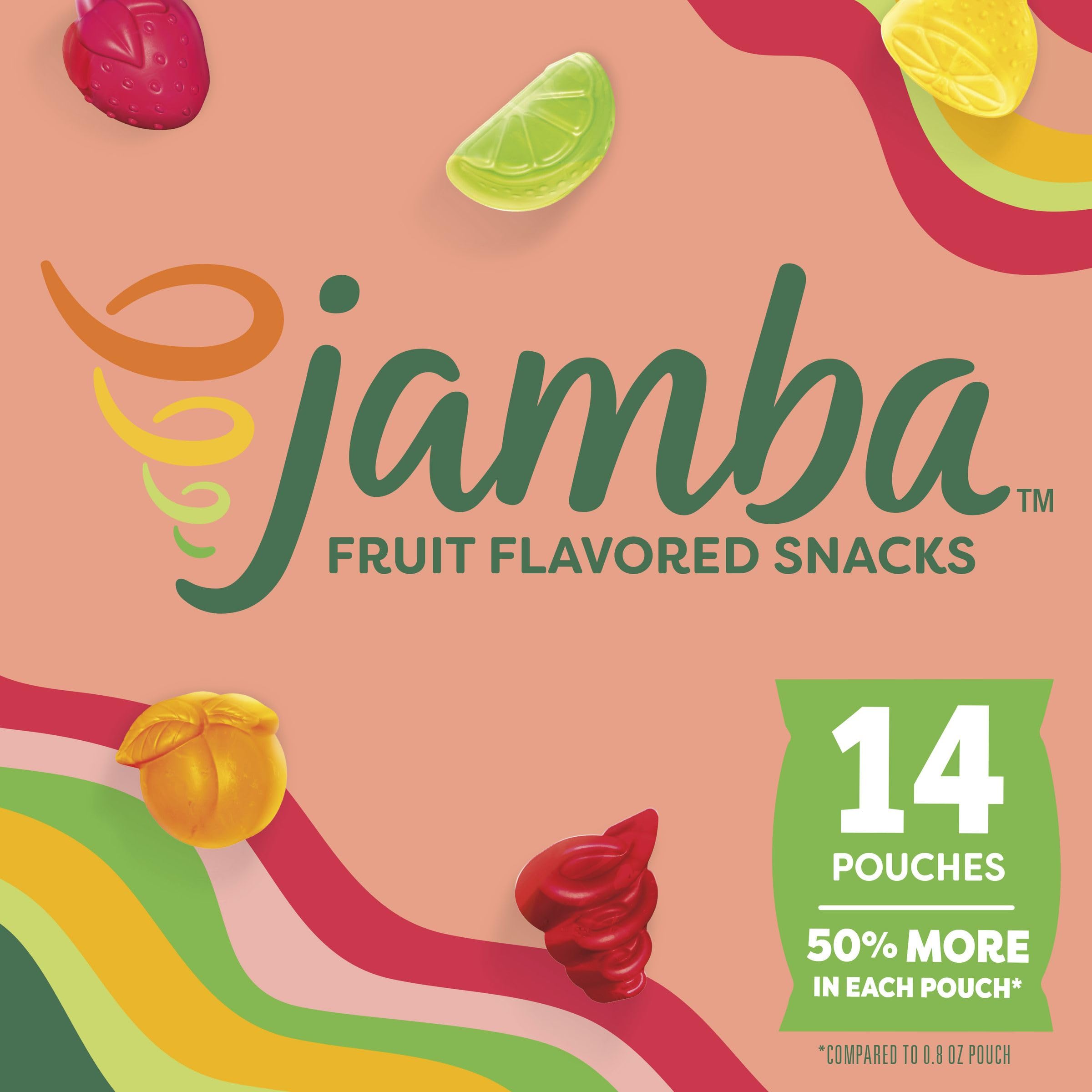 Betty Crocker Jamba Strawberry Surf Rider pouches close-up highlighting fruity chewy texture.