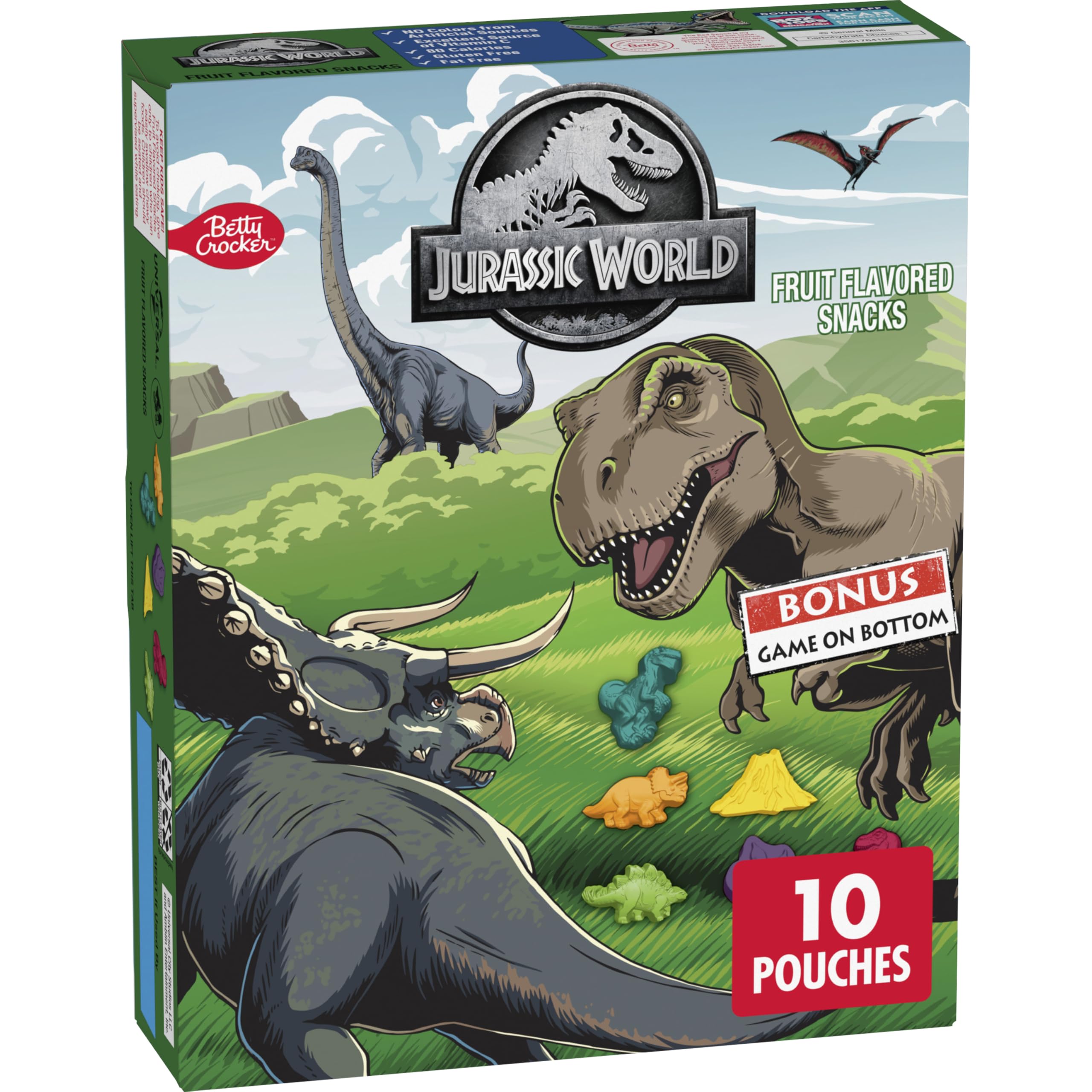 Betty Crocker Jurassic World Snacks packaging highlights gluten-free, kid-friendly appeal.