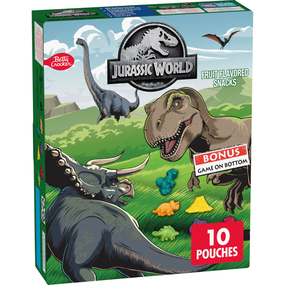 Betty Crocker Jurassic World Snacks packaging highlights gluten-free, kid-friendly appeal.