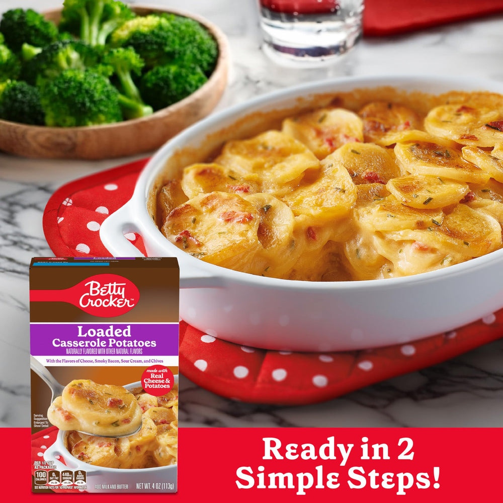  Betty Crocker Loaded Casserole Potatoes box packaging shows two eight-ounce pouches for meals.