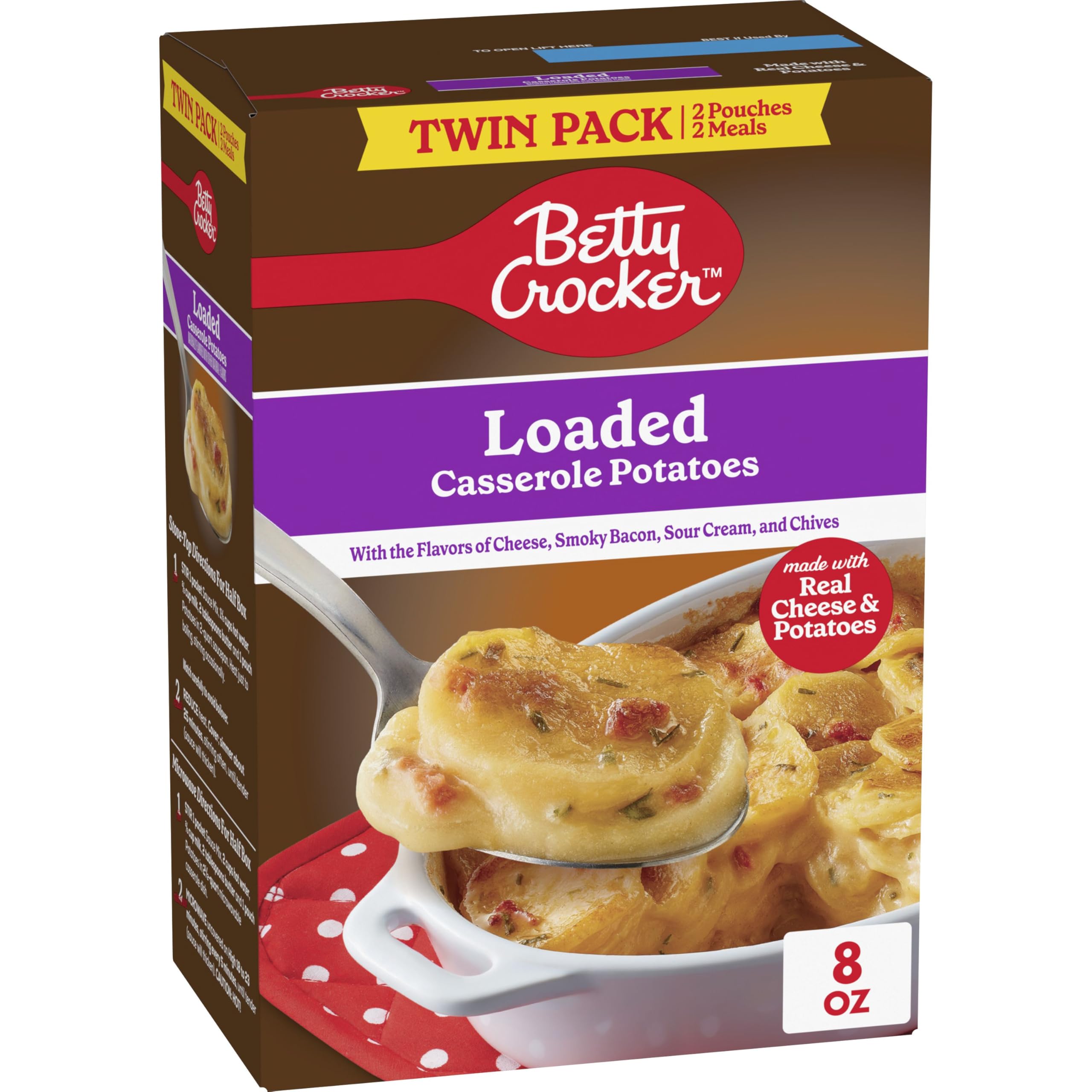 Betty Crocker Loaded Casserole Potatoes with cheese and bacon slices for a comforting side dish.