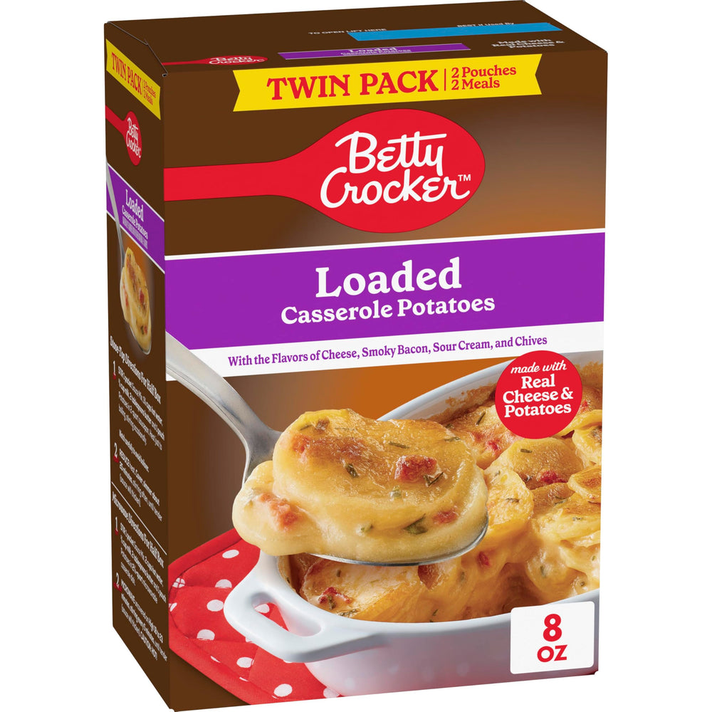 Betty Crocker Loaded Casserole Potatoes with cheese and bacon slices for a comforting side dish.