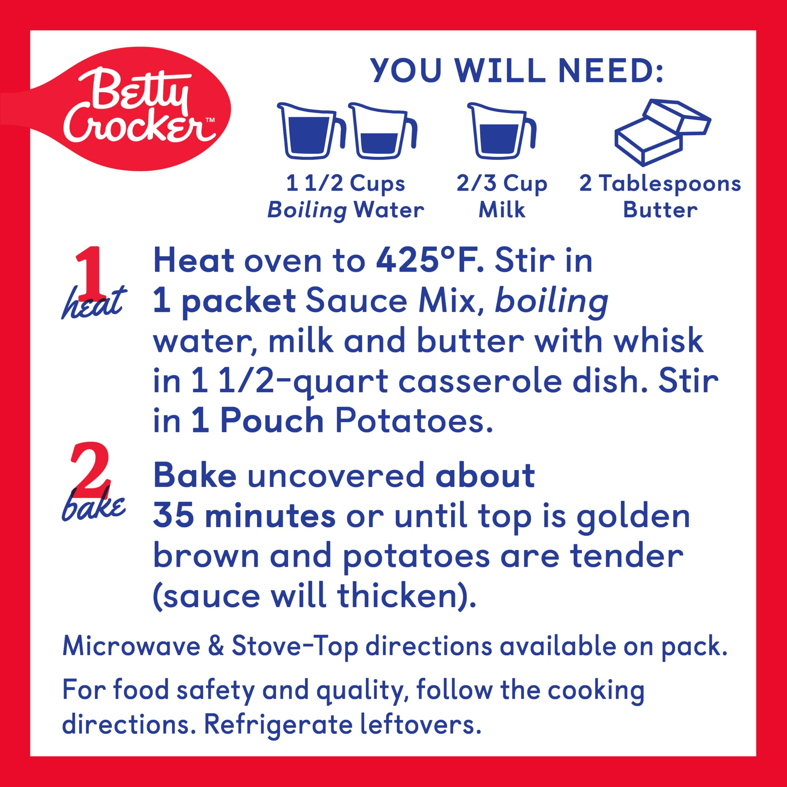 Betty Crocker Loaded Casserole Potatoes prep instructions illustrate quick boiling water steps.