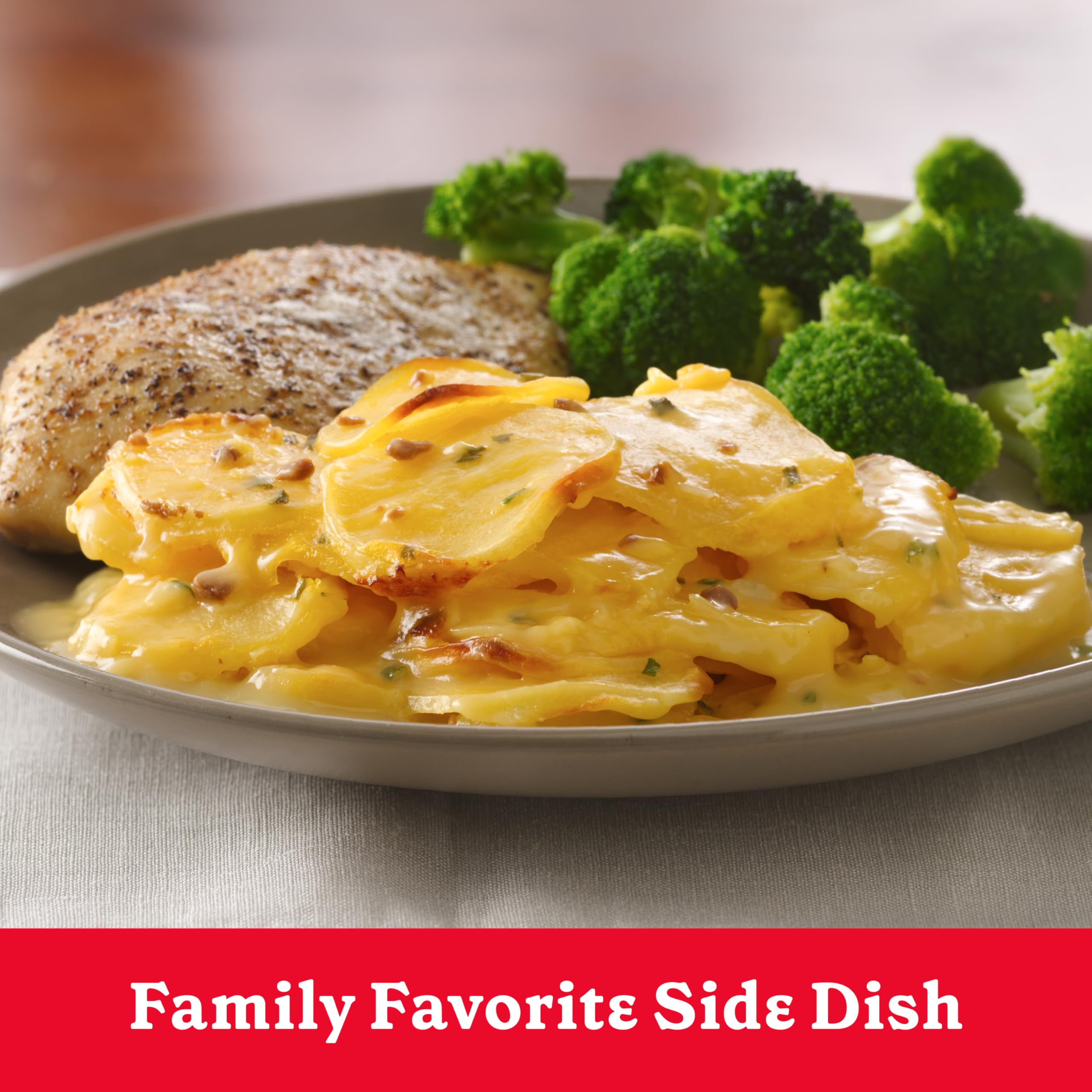 Betty Crocker Loaded Casserole Potatoes ready-to-serve scene highlights a cozy family dinner.