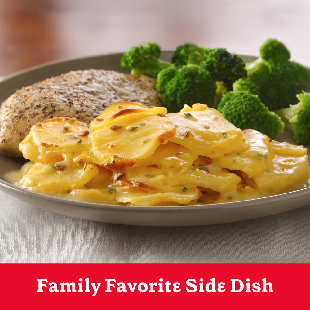 Betty Crocker Loaded Casserole Potatoes ready-to-serve scene highlights a cozy family dinner.
