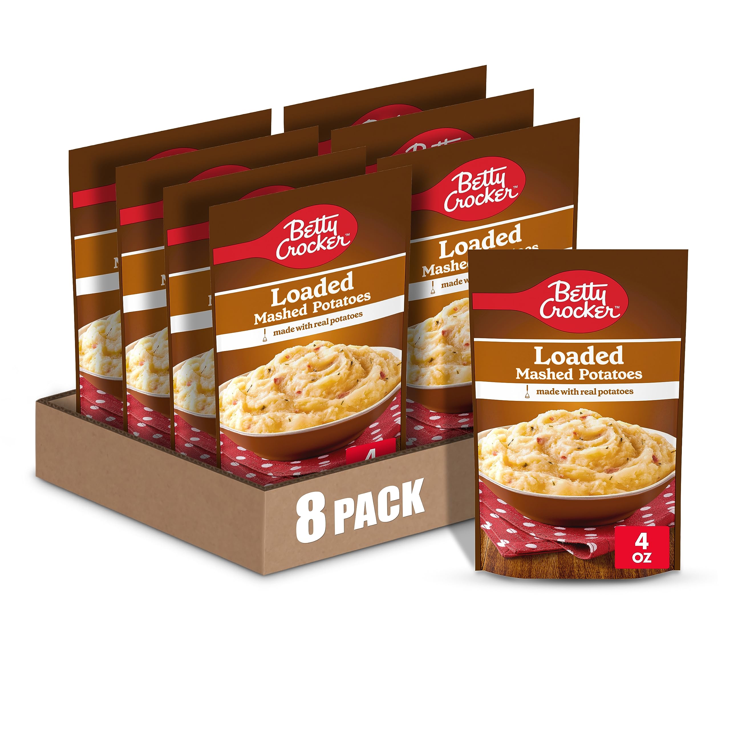 Betty Crocker Loaded Mashed Potatoes packaging highlights a pantry-friendly side for quick weeknight meals.