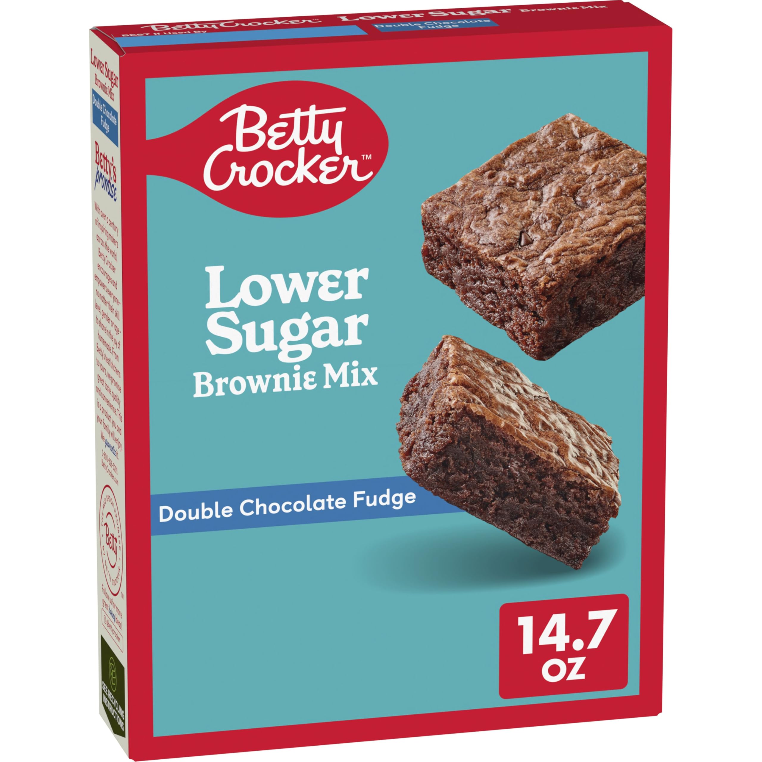 Betty Crocker Lower Sugar Brownie Mix box highlights quick, easy baking