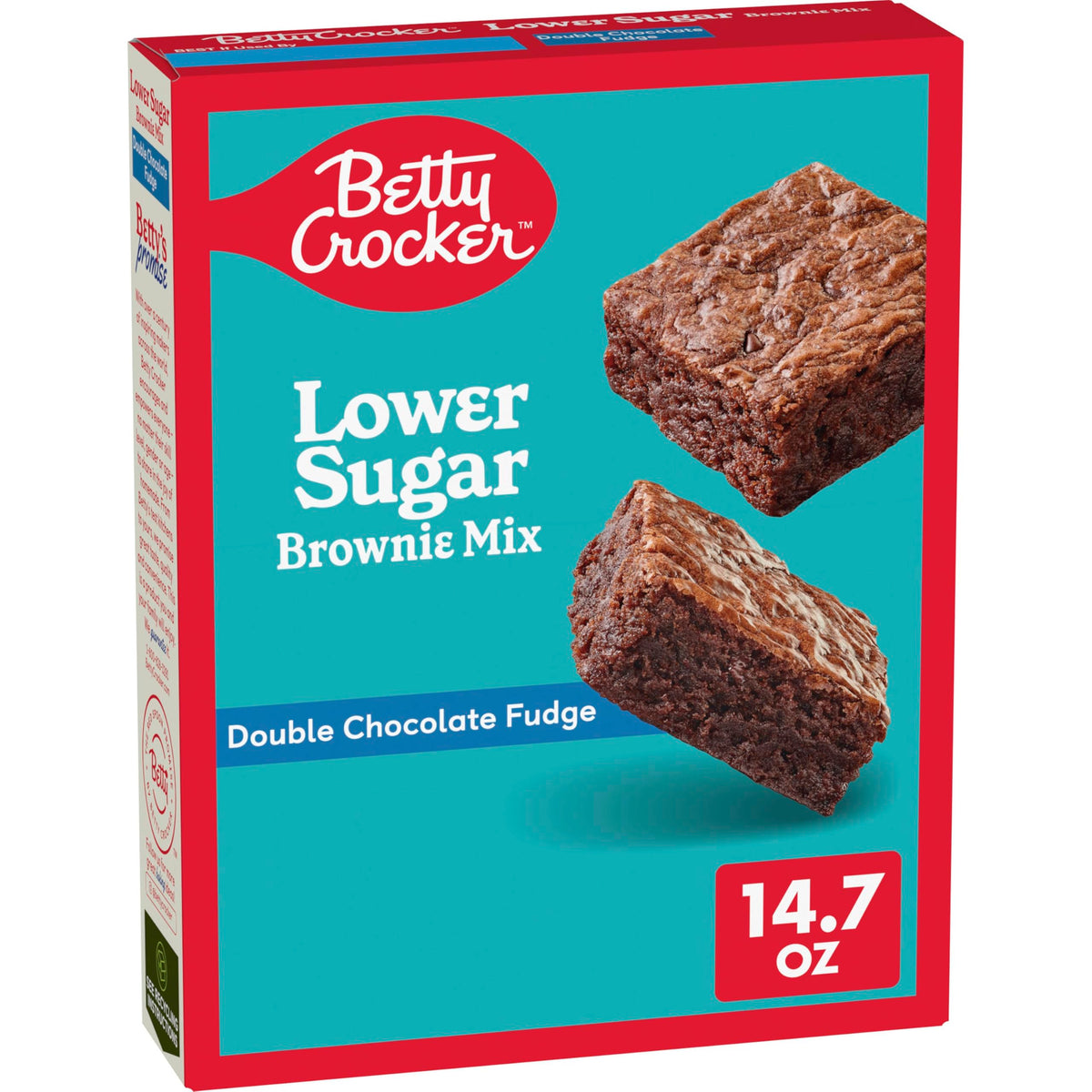 Betty Crocker Lower Sugar Brownie Mix box highlights quick, easy baking