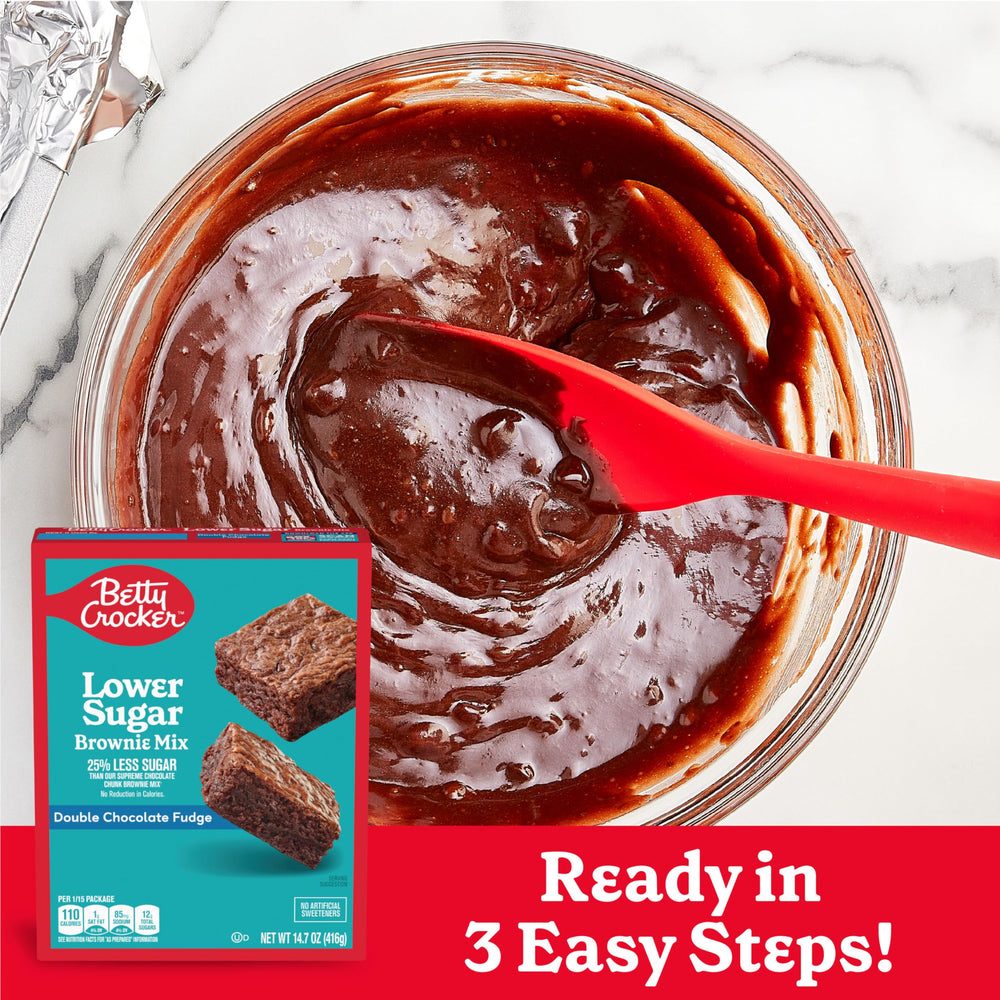 Betty Crocker Lower Sugar Brownie Mix in oven depicts fudgy chocolate goodness
